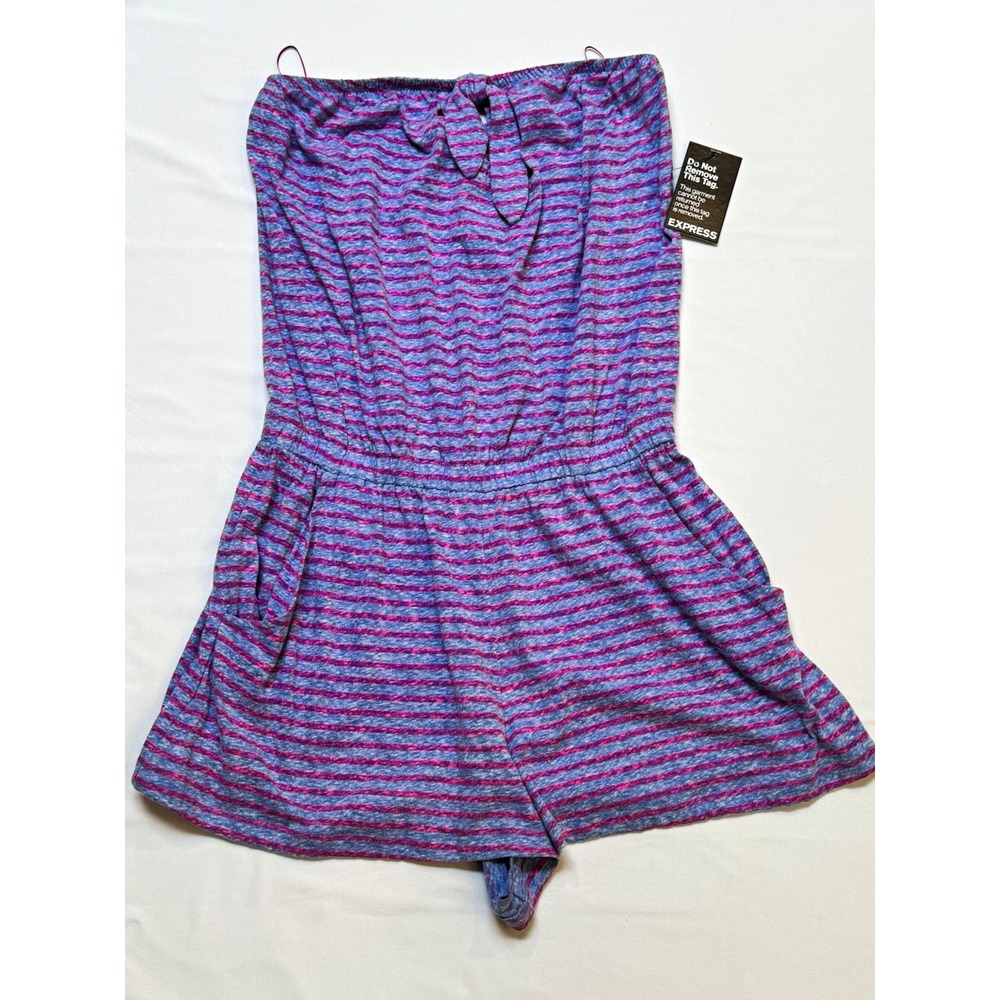Express Sz M Strapless Striped Knit Romper Pocketed Purple/Pink NWT